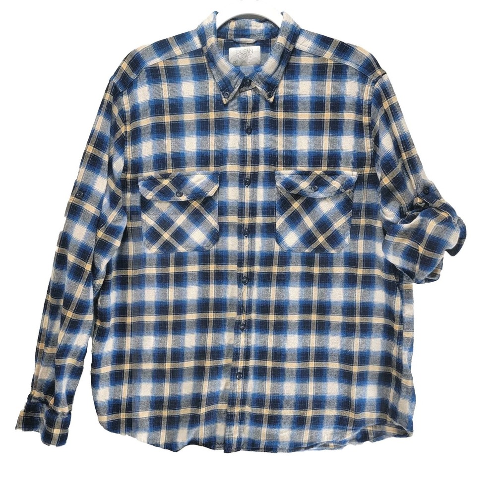Ocean Coast Flannel Shirt Mens XL Button Roll Tab LS Gorpcore Blue‎ Plaid Pocket